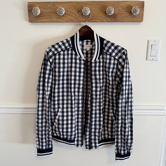 Gingham MERONA BomberJacket Navy & White Zip up Long Sleeve preppy checked Large - Picture 4 of 8